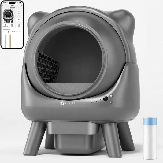 Litière automatique grise Cura X1 avec ouverture circulaire et bac inférieur