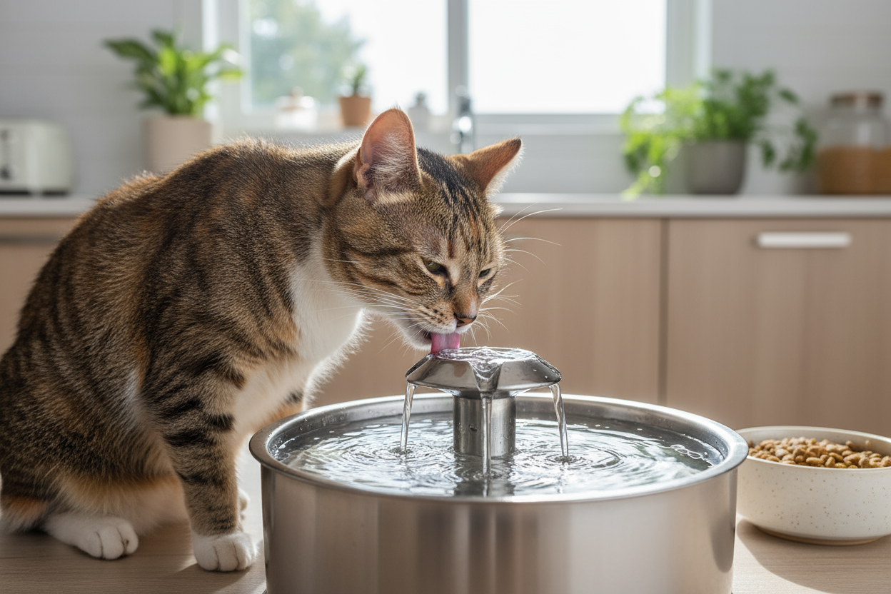 PEUX TU ME GENERER UNE IMAGE DUN CHAT QUI BOIT DE LEAU AVEC UNE FONTAINE